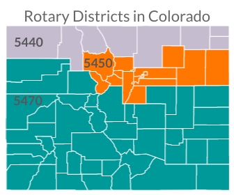 Map of rotary districts (5440, 5450 and 5470) in the state of colorado. 5540 is the northern most part of the state, 5450 is the Denver Metro, Boulder, Summit County and Grand County, 5470 is roughly the lower 2/3rds of the state.